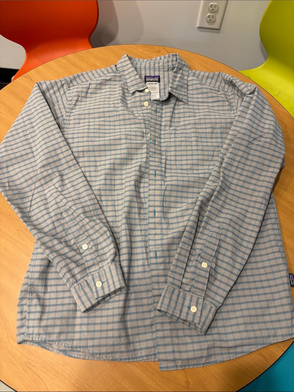 Patagonia Light Blue and White Check Button-Down Shirt